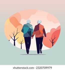 walk of a loving elderly couple in the fresh air