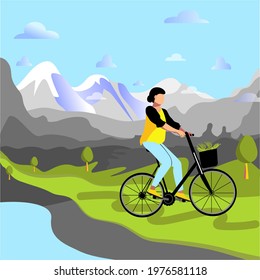 Walk in the mountains. Woman cycling on mountain trails.Vector stock illustration. Mountain landscape. The concept of a healthy lifestyle, outdoor activities, vacation in the mountains.