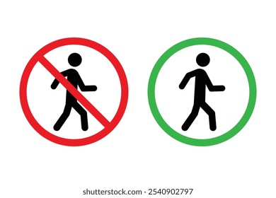 Ícone Caminhar e sem ícone de caminhada definido. Não ande com ícones. Sem sinal de entrada. Sem vetor de sinais de pedestres.