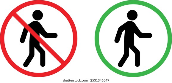 Walk and no walk icon set . Man walk and don't walk icons . Vector illustration