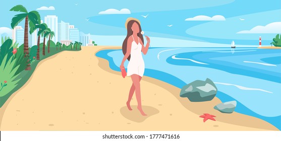 Walk on beach flat color vector illustration. Woman alone near ocean. Self care for women. Resort for recreation. Female tourist 2D cartoon characters with Hawaii landscape on background