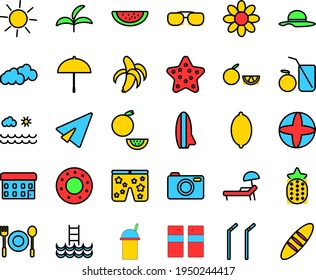 Walk on the beach in summer icon set colorful
