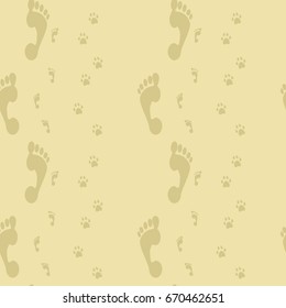 Walk on the beach.Vector flat background. Footprints in the sand. Seamless pattern with footprint.  Hot summer.Family holiday