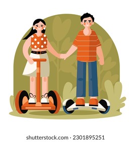 Walk on eco transport. Boy and girl are riding electric vehicle. Scooter and gyroboard in action. Recreation in nature with care for environment. Couple is resting while traveling. Charging vehicle