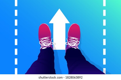 Walk on - Feet with shoes standing still on arrow pointing the way forward. Continue walking and guided direction concept. Vector illustration.