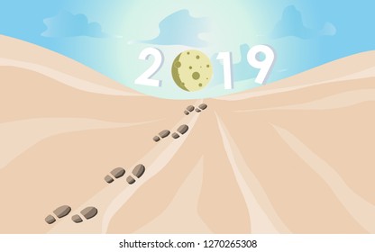 Walk on the sand to 2019. vector foot steps.