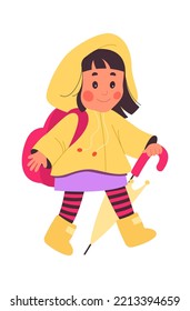 Walk Outside Flat Icon Happy Girl With Raincoat And Umbrella