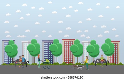 Walk in the park concept vector illustration. People walking dogs, sitting on bench, walking with baby. Flat style design.