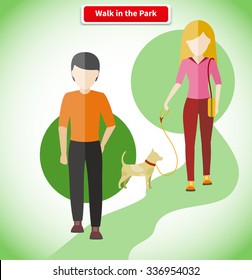 Walk in the park with dog concept. Walking in park, park walkway, outdoor walk, people lifestyle, pet animal, woman and man, path and couple illustration