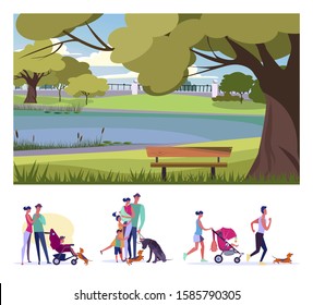 Walk in park flat vector illustration set. Parents, walking with children and pets, man jogging with dog. Weekend, leisure, walking outside concept