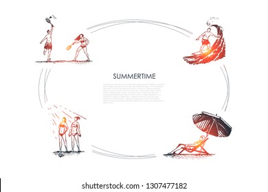 Walk in the park - people playing badminton, riding surf, sunbathing and relaxing vector concept set. Hand drawn sketch isolated illustration
