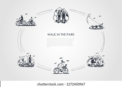 Walk in the park - people riding bicycles, walking with baby carriage, flying kites, walking dog vector concept set. Hand drawn sketch isolated illustration