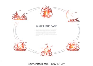 Walk in the park - people riding bicycles, walking with baby carriage, flying kites, walking dog vector concept set. Hand drawn sketch isolated illustration