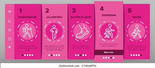 Walk People Motion Onboarding Icons Set Vector. Human Walk With Dog And Luggage, With Case And Backpack, Crosswalk And Stairs Illustrations