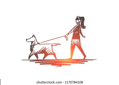 Walk, Pet, Dog, Lifestyle, Darling Concept. Hand Drawn Woman Walking With Her Dog Concept Sketch. Isolated Vector Illustration.