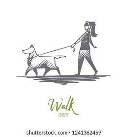 Walk, pet, dog, lifestyle, darling concept. Hand drawn woman walking with her dog concept sketch. Isolated vector illustration.