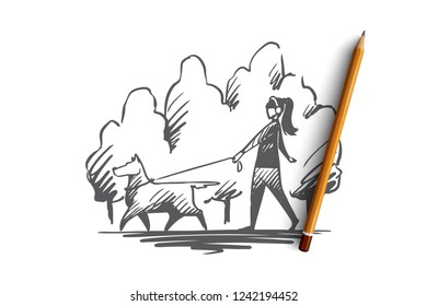 Walk, pet, dog, lifestyle, darling concept. Hand drawn woman walking with her dog on a leash in city park concept sketch. Isolated vector illustration.