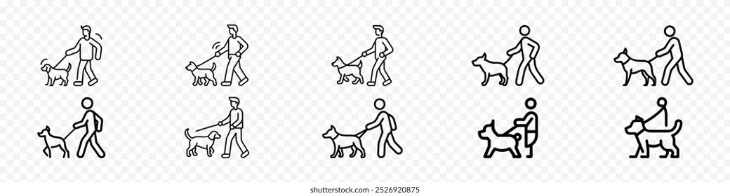 andar com ícone de animal de estimação, Cão com cinto andando com um ícone de vetor homem, andar com ícone de cão, Caminhar figura humana segurando cão ícone de sinal de correia isolado no fundo branco. 