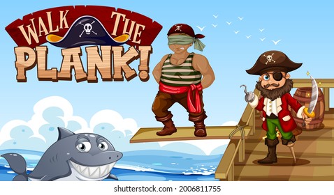 Walk The Plank font banner with Captain Hook cartoon character illustration