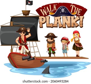 Walk The Plank font banner with pirate cartoon character illustration