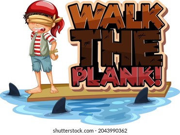 Walk the plank font with a boy blindfold cartoon character illustration