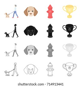 Walk with a puppy, a puppy's muzzle, a hydrant, a cup.Puppy set collection icons in cartoon black monochrome outline style vector symbol stock illustration web.