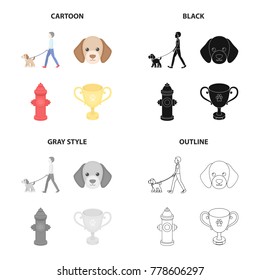 Walk with a puppy, a puppy's muzzle, a hydrant, a cup.Puppy set collection icons in cartoon black monochrome outline style vector symbol stock illustration web.