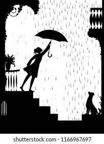 walk in rain, Girl opens the umbrella and go for a walk and gog waiting for her, my friend dog, black and white, shadow, vector