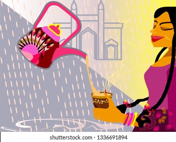 Walk in the rains.Authentic indian tea-cutting chai.Traditional chai glass.Vector for design flyer,invitation, card, poster.