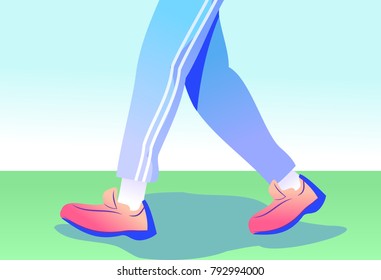 Walk Regularly .vector illustration that shows the foot of a person who is wearing a sport wear walking in the morning . A Healthy Lifestyle Concept for Article Illustration .