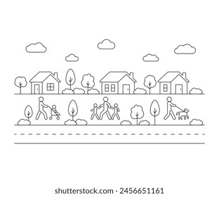 Caminar a la gente residente en el barrio Pequeñas casas en la ciudad Pequeña en la calle, arte de la línea. Casa exterior. ilustración de contorno de Vector