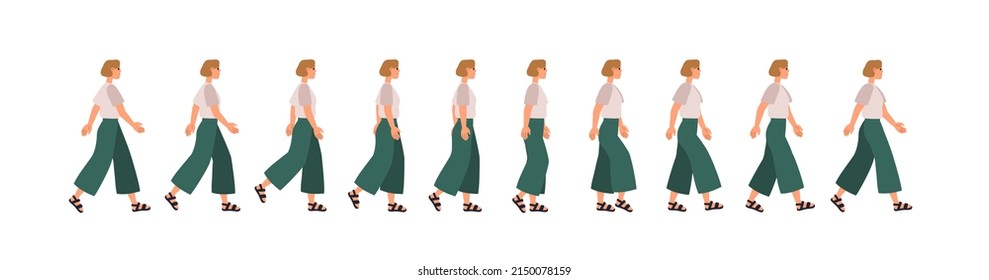 Walk sequence animation. Woman in motion, full moving cycle by steps. Female figure profile going. Gait movement phases. Pedestrian side view. Flat vector illustrations isolated on white background