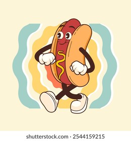 WALK AND SMILE HOTDOG VINTAGE MASCOT CHARACTER ILLUSTRATION