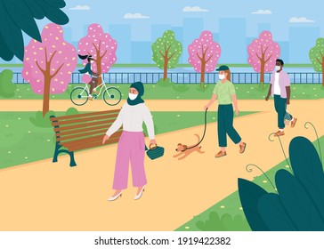 Walk in spring park during quarantine flat color vector illustration. Social distance in city. Trees with flowers. Divers 2D cartoon characters in medical masks with public garden on background