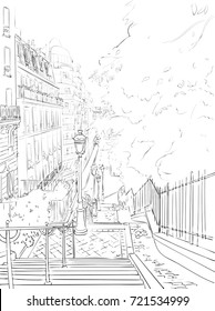 A walk through the city center of Paris, the famous district of Montmartre, the view from the stairs. Sketch, hand drawn vector image.