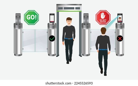 Walk through metal detector controls and metal entrance control for the airport or customs. 
Metal Entrance Control with Facial Recognition for Employees and Visitor. Vector.