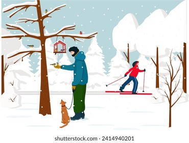 A walk through the winter forest. A man walks with a dog and feeds the birds.  A woman is skiing. Vector illustration.