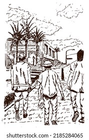 Walk together through the city vector illustration, Hand drawn style, sketching.