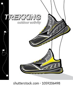 Walk in the Trekking low shoes or Sneakers. Outdoor activity concept. Vector illustration