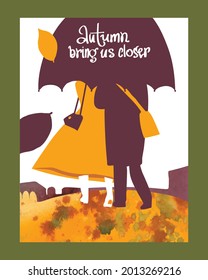 A walk of two under an umbrella. Autumn landscape, watercolor texture. Drawing for a card, poster, banner, background