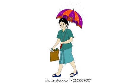 walk with an umbrella head in the rain - illustration
