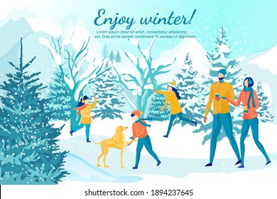 Walk in Winter Forest with Mountain Peaks in Background. Sisters Playing Snowy Dodgeball. Their Brother Schooling Dog. Mom and Dad Enjoying Hot Drinks and Admiring Scenery. Banner with Copy Space.