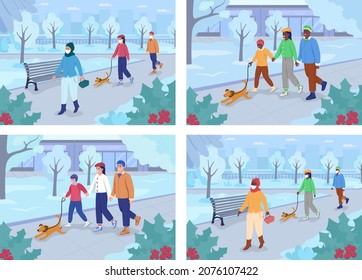 Walk in winter park flat color vector illustration set. Family spending time together. Women, man in face masks. People in warm coats 2D cartoon characters with landscape on background collection