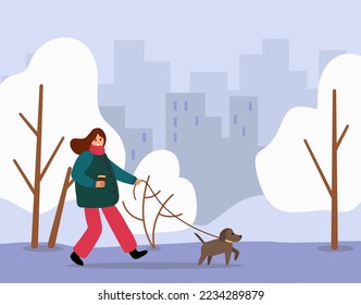 Walk Your Dog Month. The girl is walking her dog. Flat style. Vector illustration.	