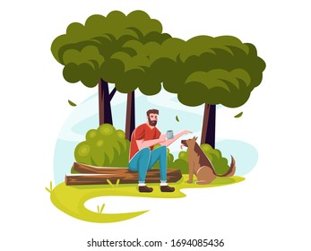 Walk with your dog in the woods in the Park. A man is sitting on a wooden bench and stroking a faithful friend of the German shepherd dog breed. Vector stylish illustration.