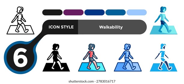 Walkability icon for representing pedestrian friendly design, accessible pathways, and movement focused urban planning. Line, Filled, Color, Blue, Flat Blue, Dualtone style.