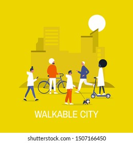 Walkable city. Diversity. Characters on bikes, electric scooters, walking and running young adults. Urban life. Urbanism. Flat editable vector illustration, clip art