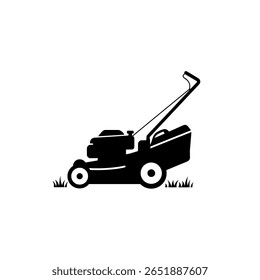 Um cortador de grama mostrado como um ícone de silhueta preto sólido. Um gráfico simples para serviços de cuidados com o gramado, jardinagem e paisagismo.