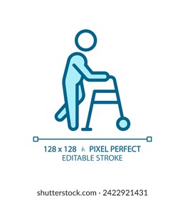 Walker assistance light blue icon. Trauma care. Physiotherapy treatment. Special needs. Mobility aids. RGB color sign. Simple design. Web symbol. Contour line. Flat illustration. Isolated object