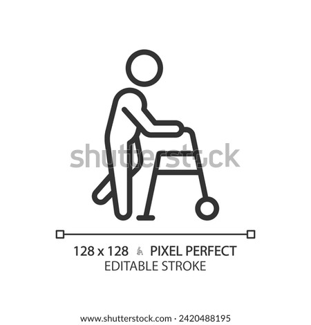 Walker assistance linear icon. Trauma care. Physiotherapy treatment. Medical condition, special needs. Mobility aids. Thin line illustration. Contour symbol. Vector outline drawing. Editable stroke